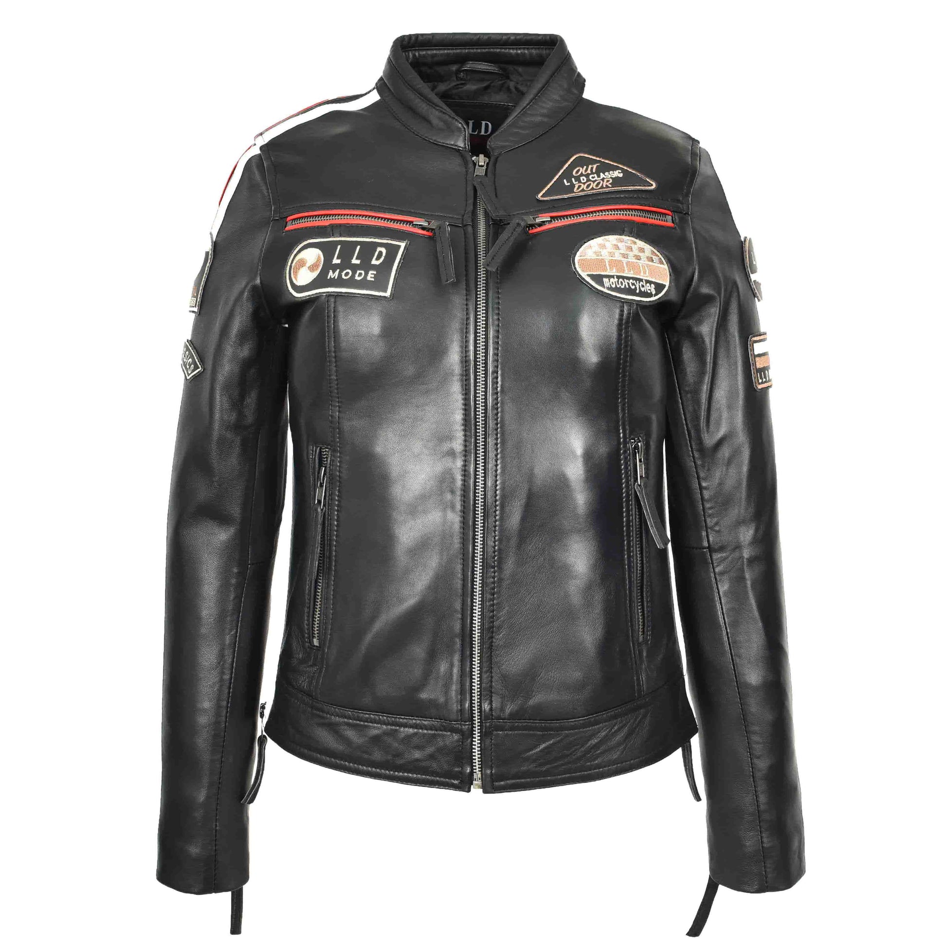 Ladies Leather Cafe Racer Biker Jacket Motorcycle Badges Rosa Black 1