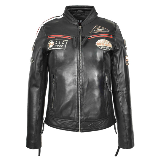 Ladies Leather Cafe Racer Biker Jacket Motorcycle Badges Rosa Black 1