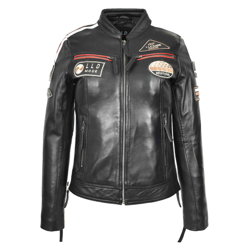Ladies Leather Cafe Racer Biker Jacket Motorcycle Badges Rosa Black 1