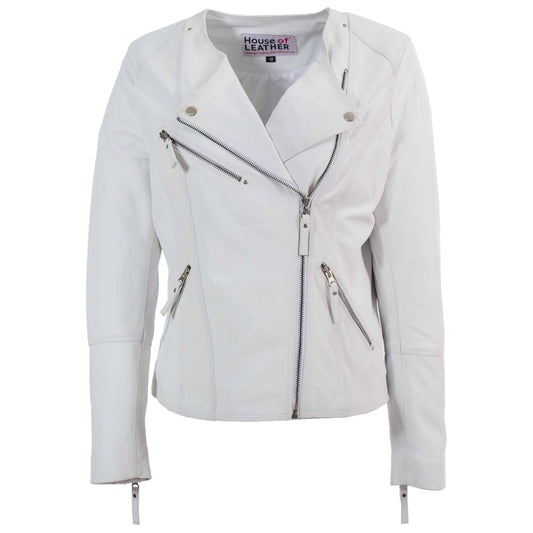 Womens Leather Casual Biker Jacket Cross Zip Shelly Off White 5