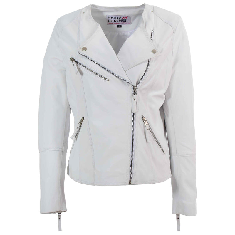 Womens Leather Casual Biker Jacket Cross Zip Shelly Off White 5