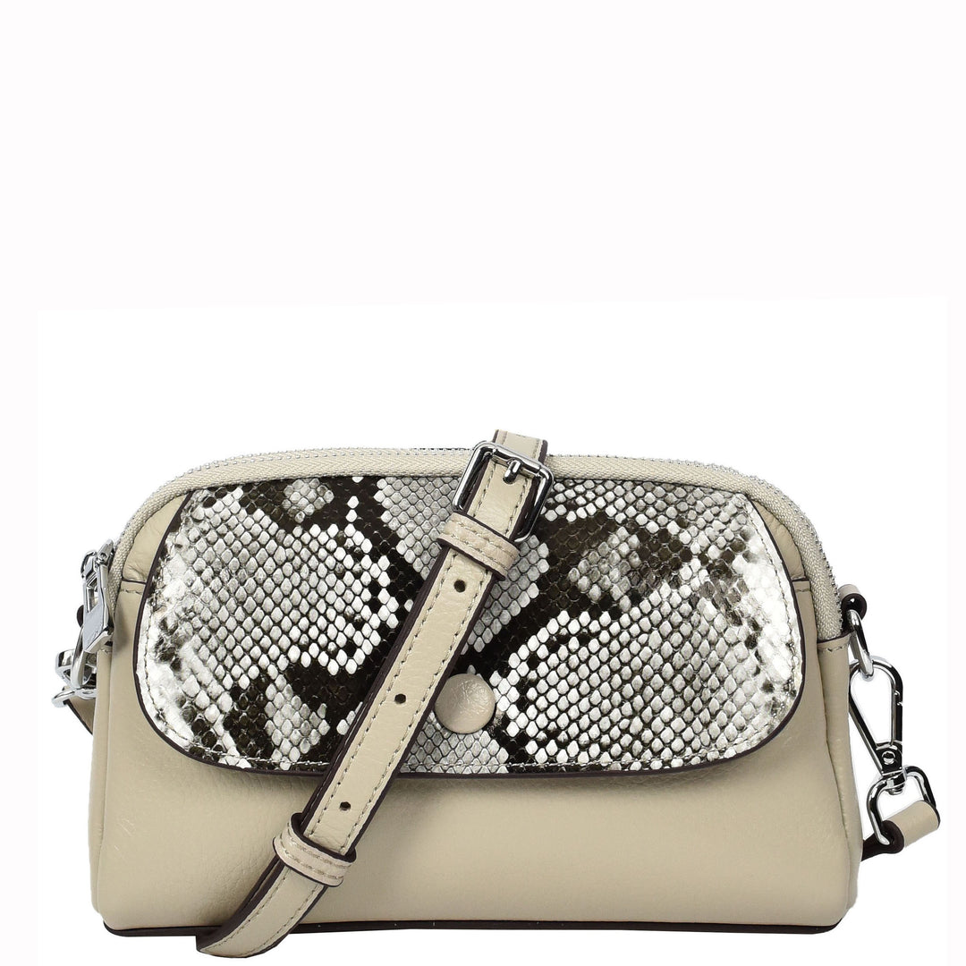 Women's Leather Crossbody Sling Bag Small Exotic Snake-Print Sahara Taupe