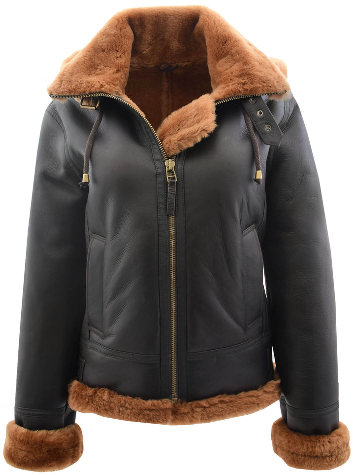 Womens Sheepskin B3 Detachable Hoodie Jacket Naomi Brown Ginger