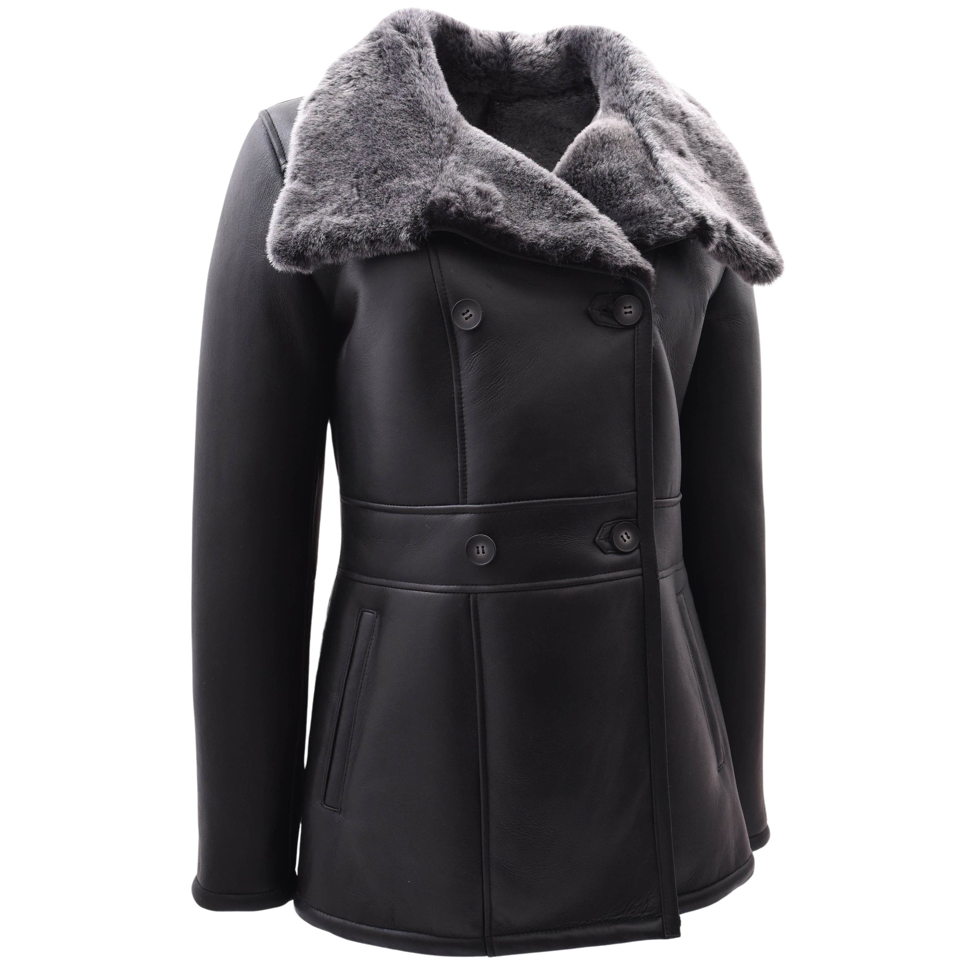 Womens Sheepskin Black Brisa Double Breasted Coat Bonnie