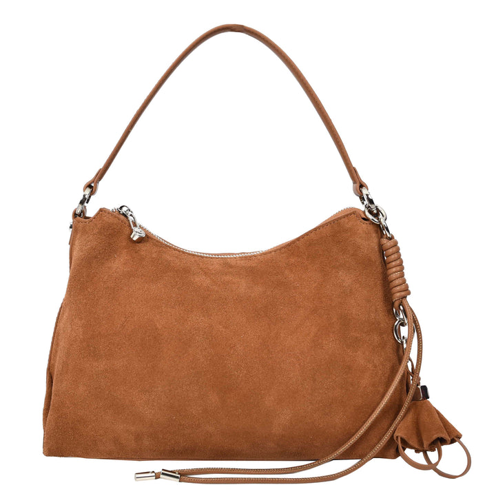 Women's Real Suede Hobo Shoulder Bag Side Tassel Solana Tan 1