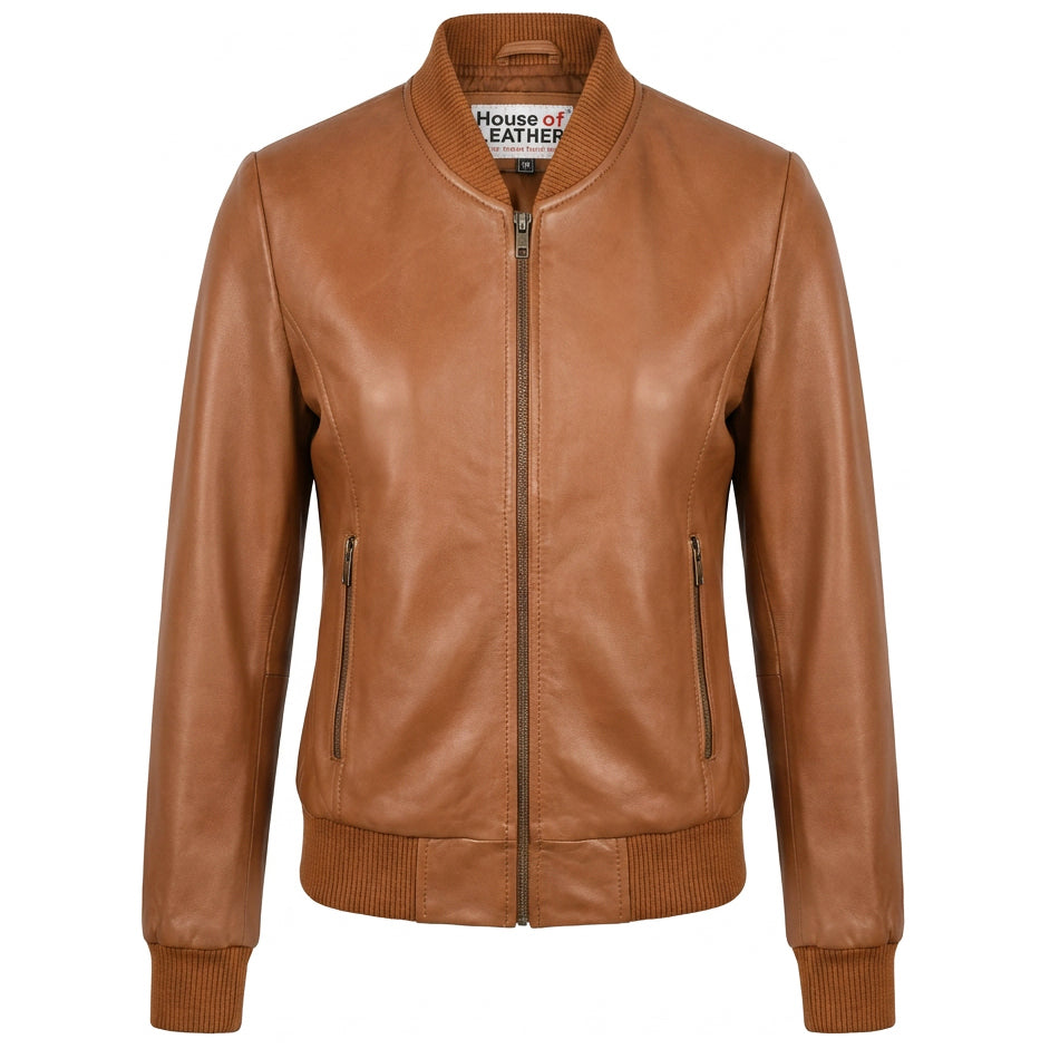 Womens Real Leather Varsity Bomber Jacket Faye Tan