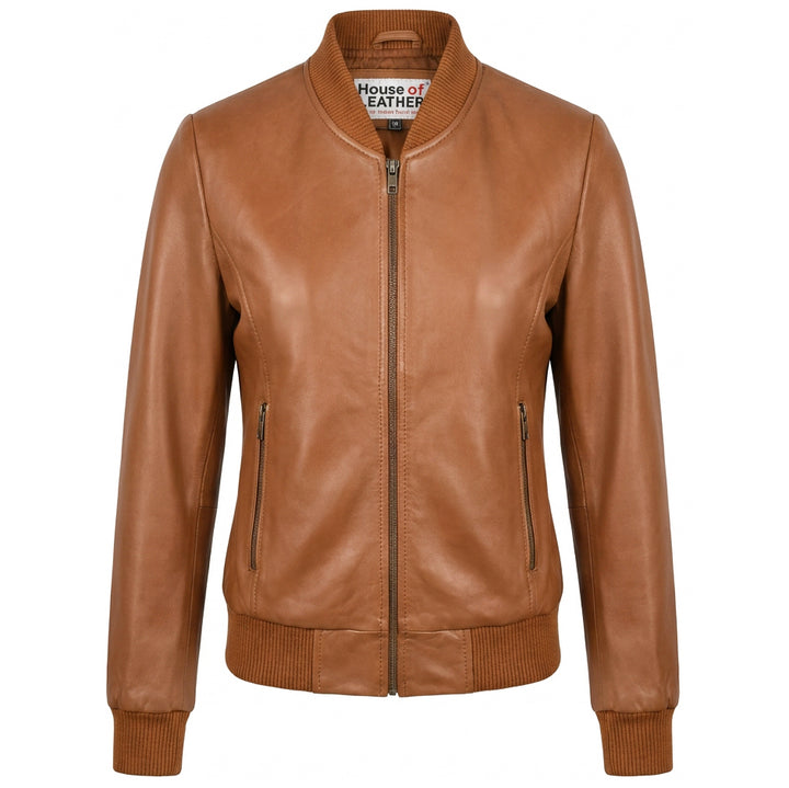 Womens Real Leather Varsity Bomber Jacket Faye Tan