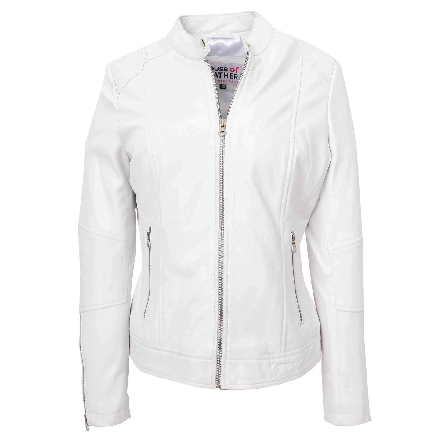 Womens Real Leather Biker Jacket Zip up Casual Connie White 1