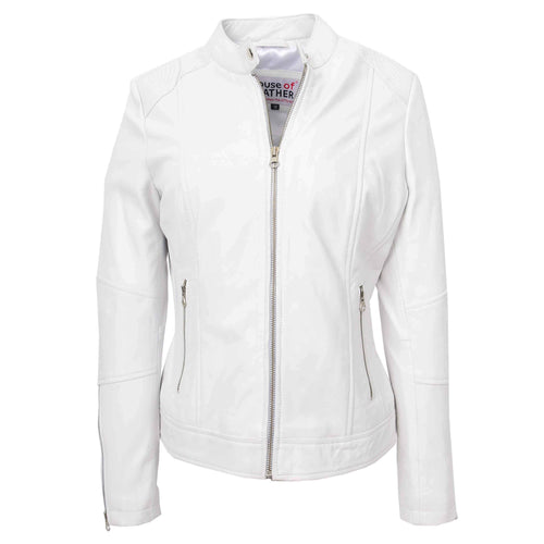Womens Real Leather Biker Jacket Zip up Casual Connie White 1