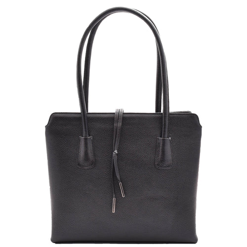 Leather Classic Tote Style Zip Opening Large Shoulder Bag CYNTHIA Black 1