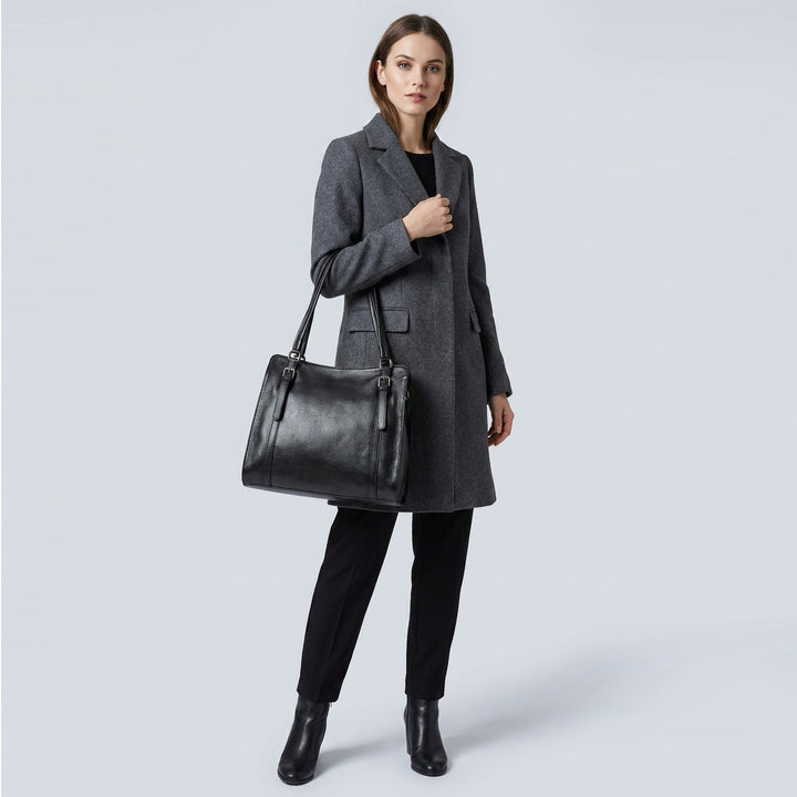 Women's Real Leather Shoulder Bag Classic 2-in-1 Adjustable Strap Timeless Design Hilda Black