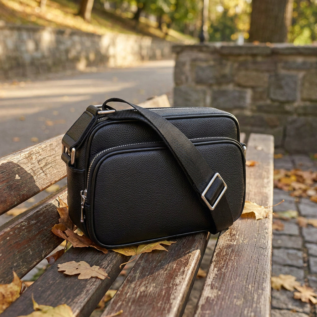 Men's Real Leather Messenger Trendy Shoulder Bag Organiser Zipped Pockets Ace Black