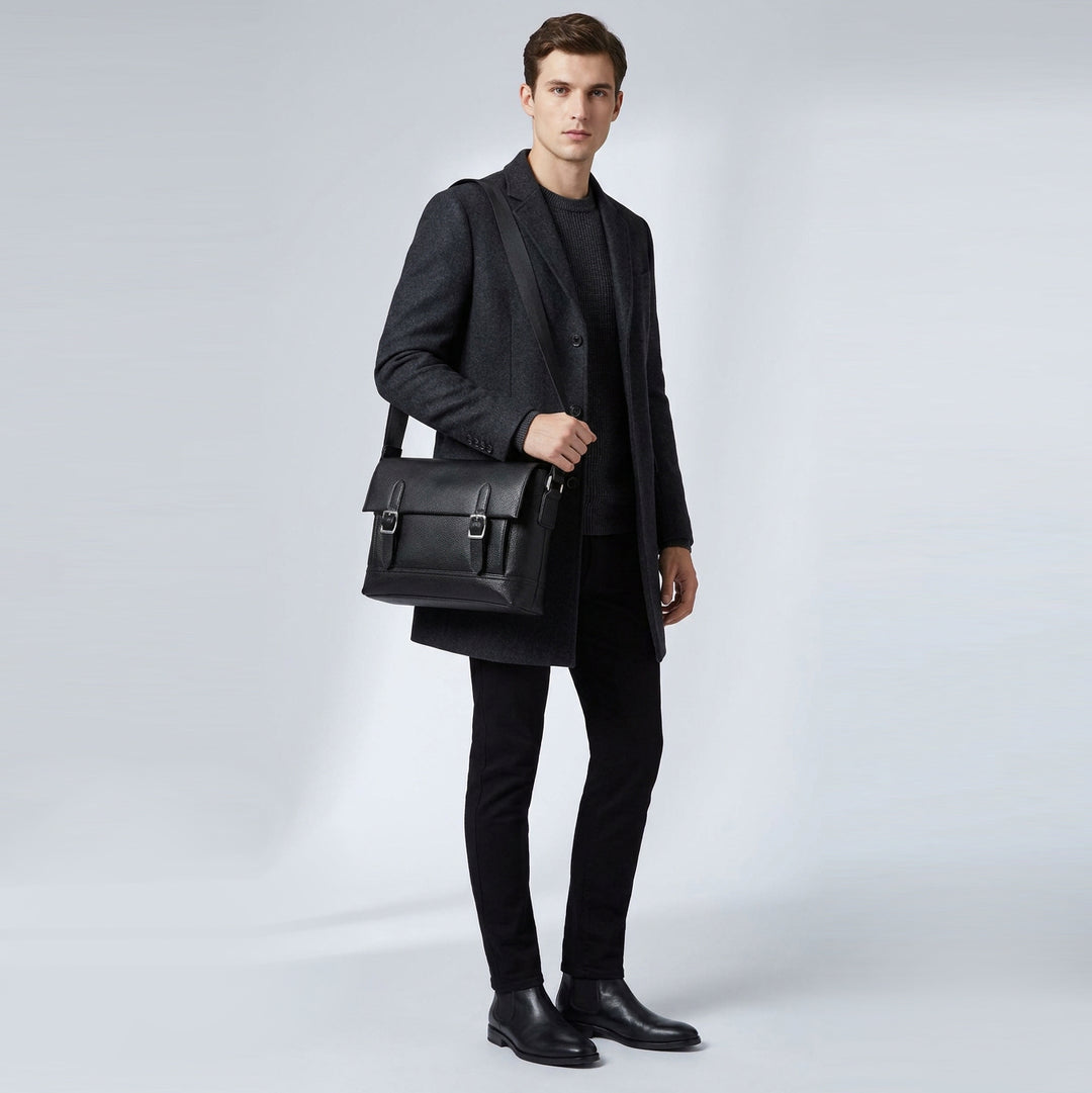 Men's Real Leather Crossbody Messenger Bag Flap Over Dual Buckle Ted Black