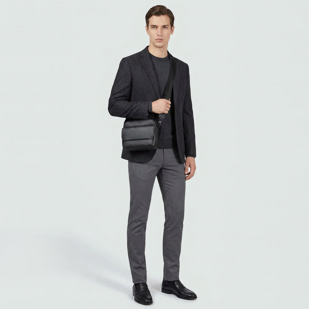 Men's Real Leather Crossbody Flight Bag Adjustable Strap Sandy Black