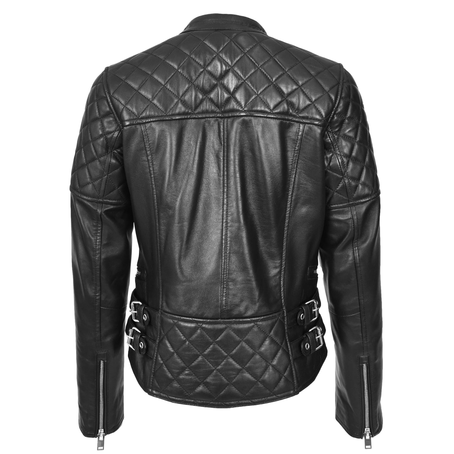 Womens Real Leather Biker Jacket Classic Cross Zip Style Molly Black-2