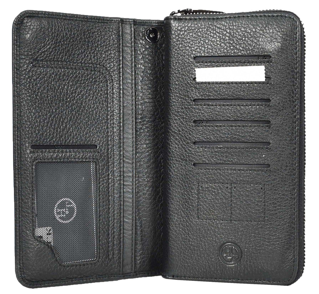 Genuine Leather Large Size Clutch Purse Coins Card Cash Travel Wallet Lorca Black