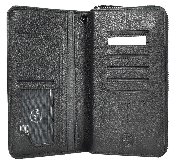 Genuine Leather Large Size Clutch Purse Coins Card Cash Travel Wallet Lorca Black