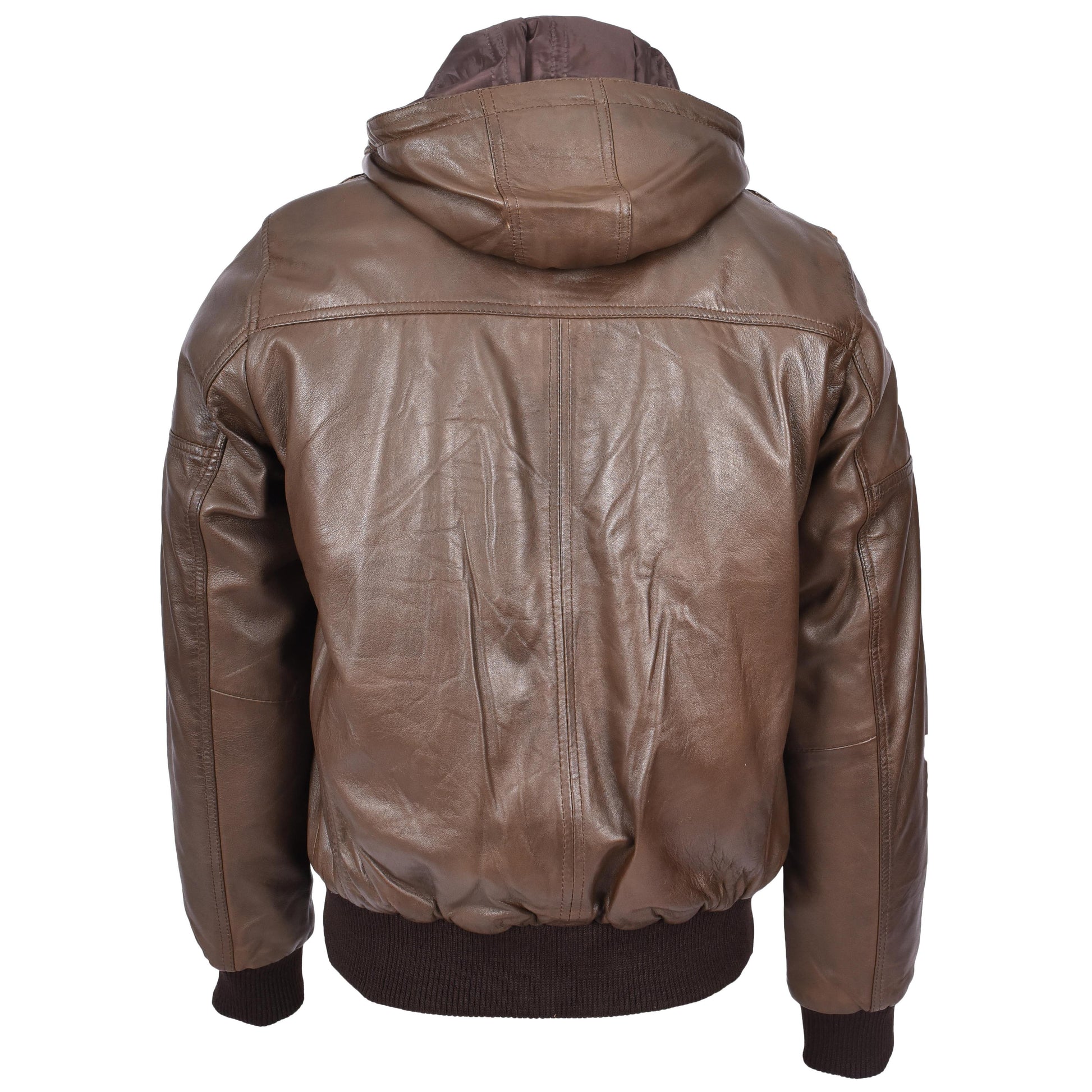 Mens Real Leather Bomber Jacket Trendy Removable Hood Style Reggie Brown-2