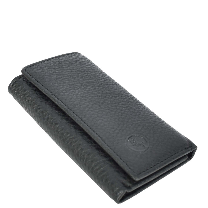 Genuine Leather Large Size Tri-Fold Wallet Key Case Pouch Cosen Black-5