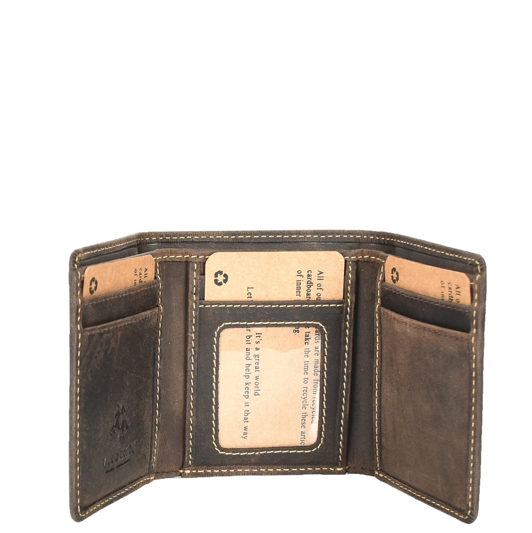 Mens Real Leather Tri-fold Wallet Credit Cards Banknotes ID Card RFID Blocking HOL700 Oil Brown