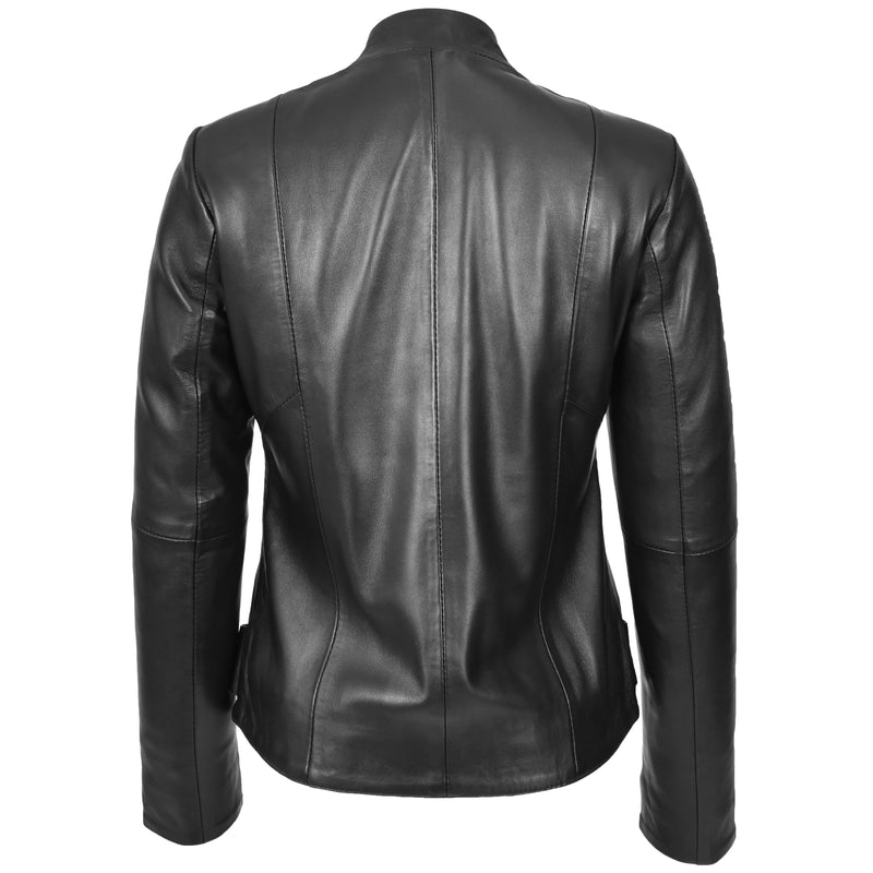 Womens Real Leather Slim Fit Biker Standing Collar Style Jacket Nibi Black-2