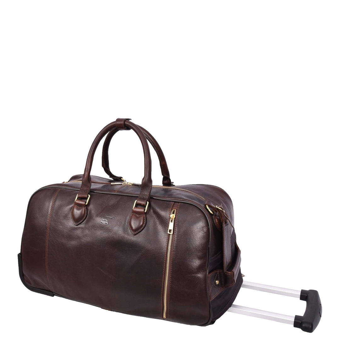 Genuine Leather Wheeled Holdall Duffel Weekend Overnight Bag Whitby Brown-4