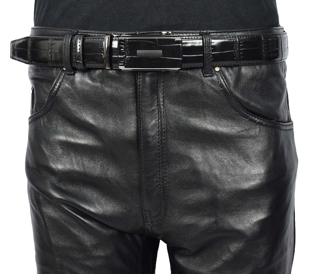 Real Leather Mens Adjustable Ratchet Buckle Belt Dress Suits Pants Every Day Wear Whistler Black