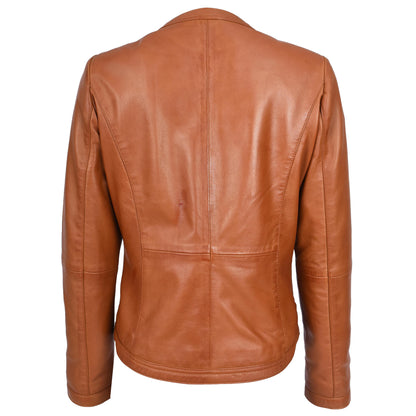 Womens Real Leather Collarless Fashion Jacket Slim Fit Style Clara Tan-2