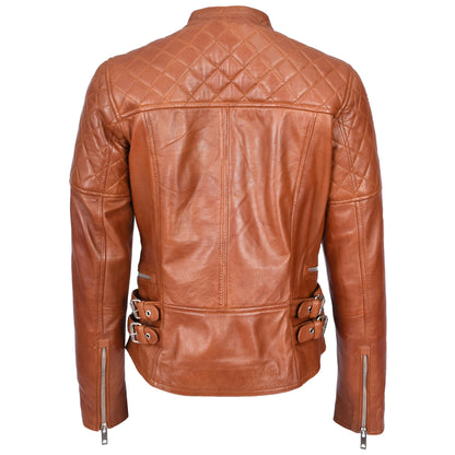 Womens Real Leather Biker Jacket Classic Cross Zip Style Molly Chestnut Tan-2