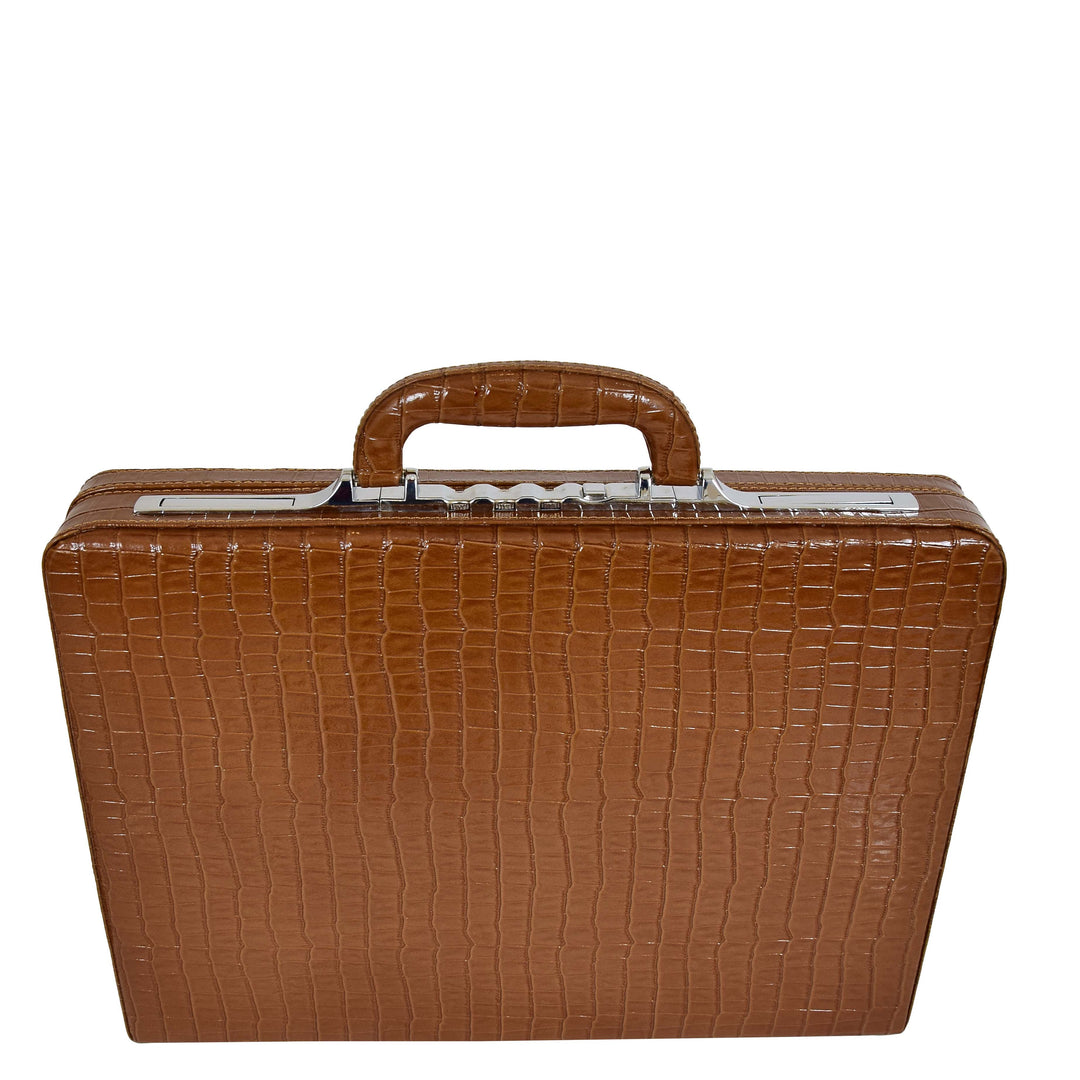 Croc-Print Brown Leather Classic Attaché Briefcase Bag Slim Line Dual Lock HOL87