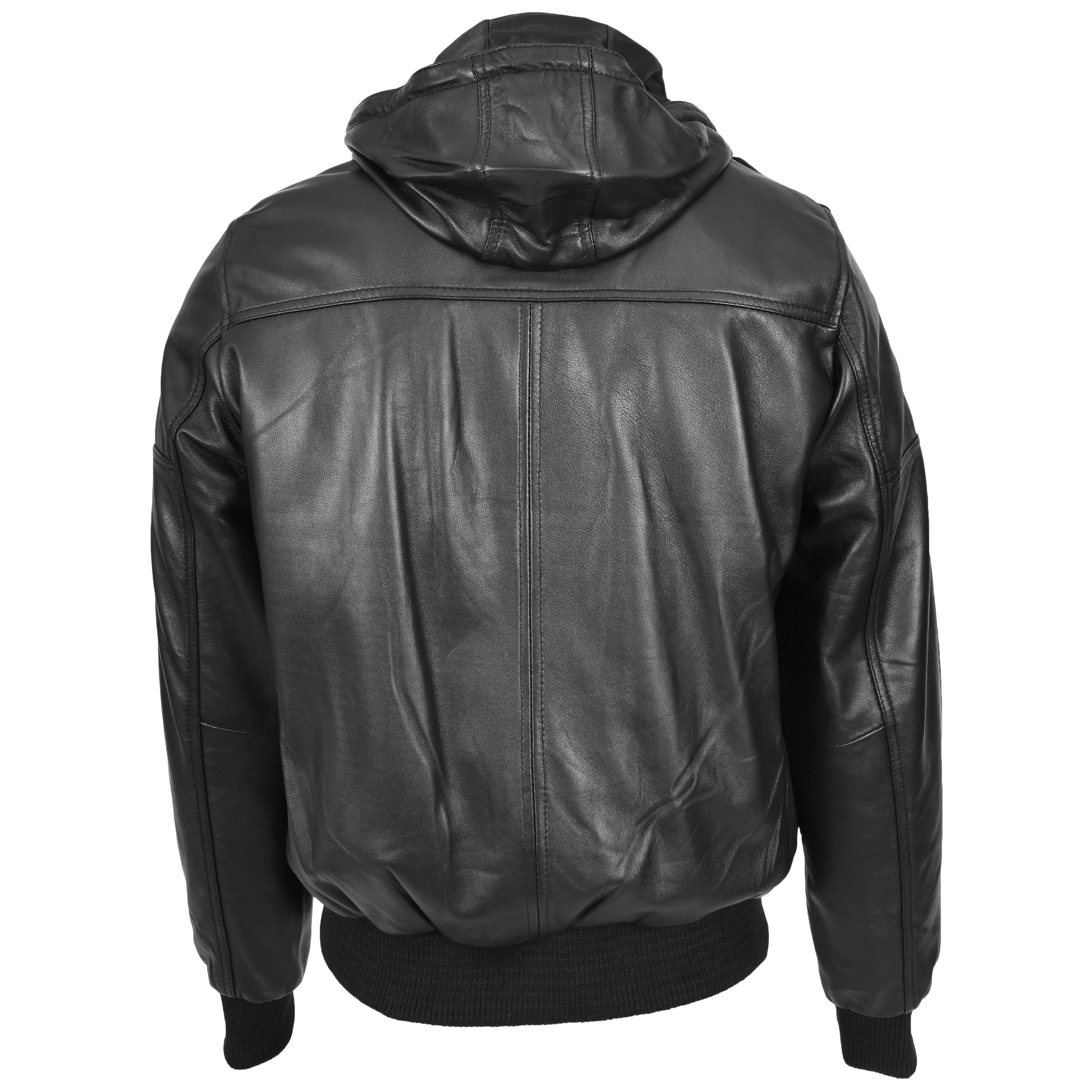 Mens Real Leather Bomber Jacket Trendy Removable Hood Style Reggie Black-2