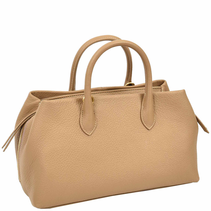 Women's Leather Structured Tote Handbag Detachable Strap Ingrid Tan 2