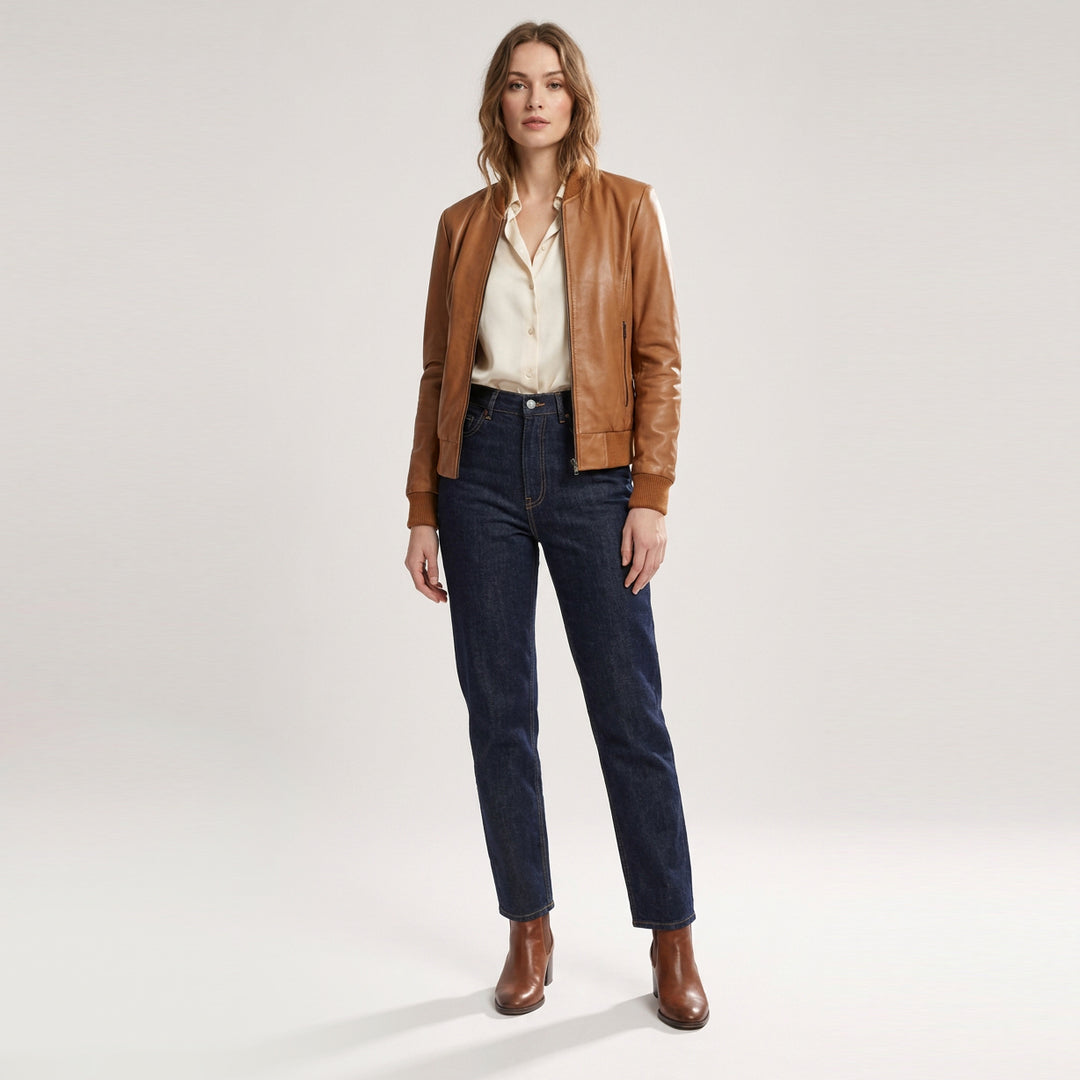 Womens Real Leather Varsity Bomber Jacket Faye Tan
