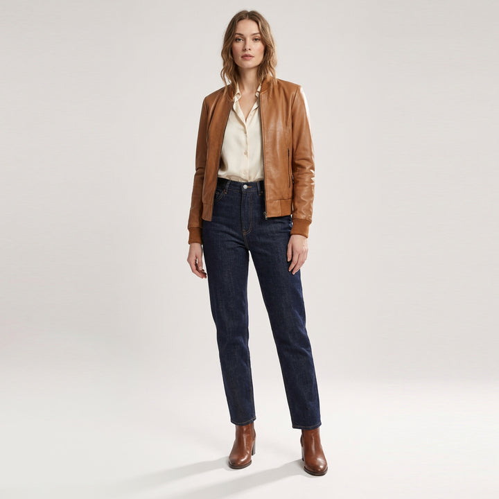 Womens Real Leather Varsity Bomber Jacket Faye Tan