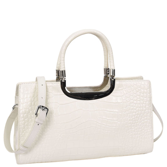 Womens Leather Croc Print Handbag Madeline White-1