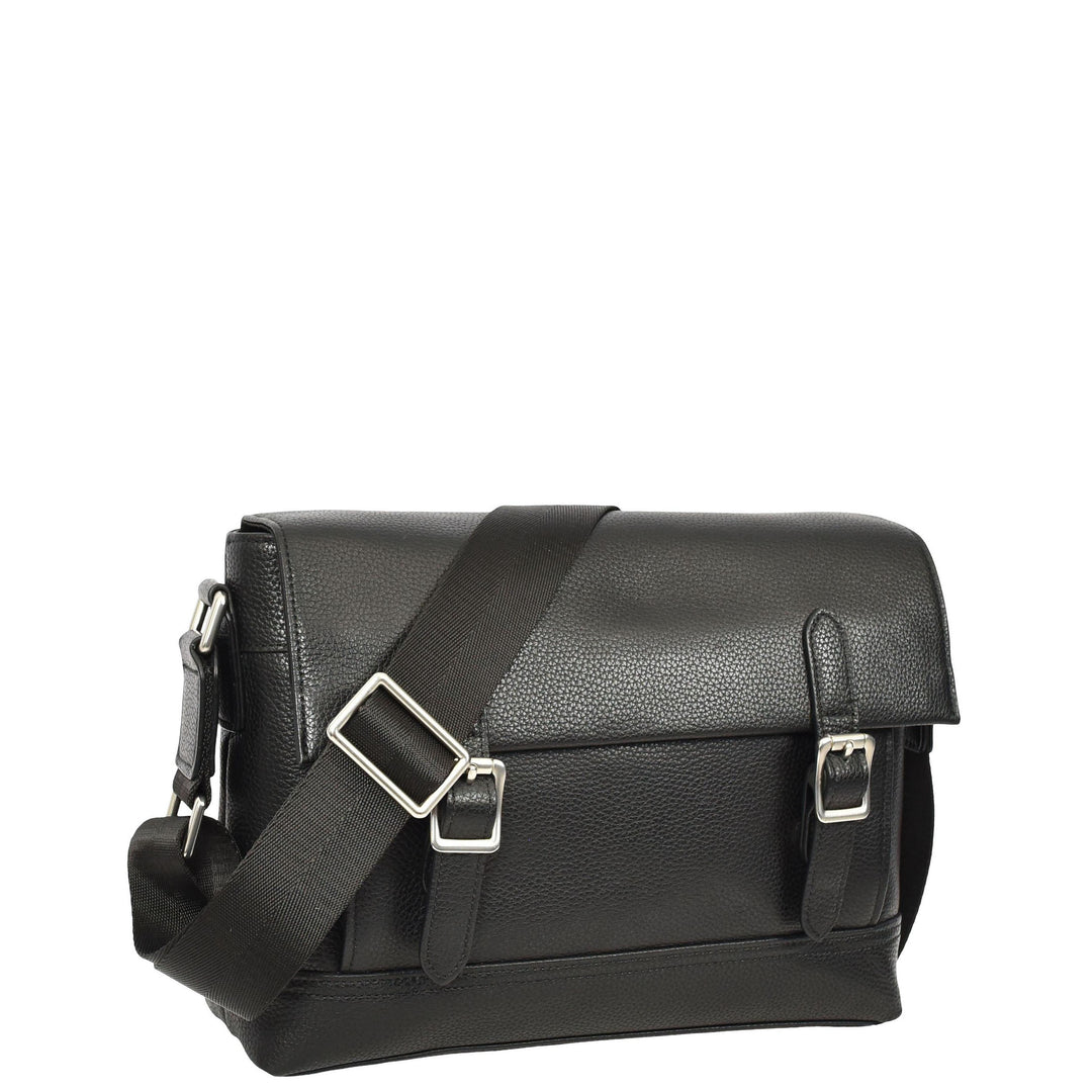 Men's Real Leather Crossbody Messenger Bag Flap Over Dual Buckle Ted Black
