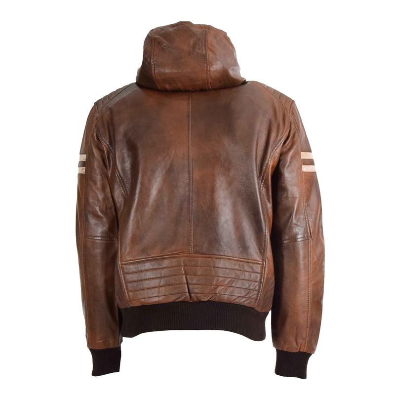Mens Real Leather Bomber Zip up Detachable Hoodie Jacket Dallas Cognac 2