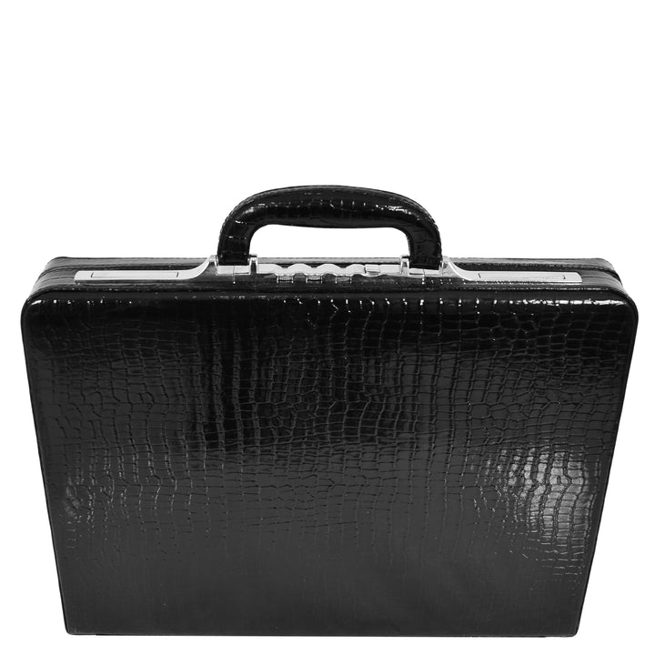 Croc-Print Black Leather Classic Attaché Briefcase Bag Slim Line Dual Lock HOL87