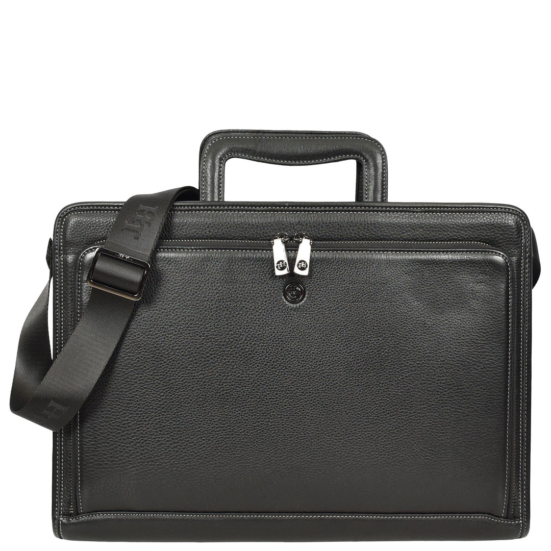 Men’s Leather Business Briefcase Laptop Work Bag with Crossbody Shoulder Strap Raya Black