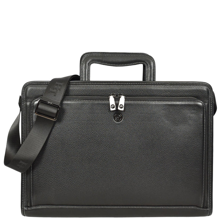 Men’s Leather Business Briefcase Laptop Work Bag with Crossbody Shoulder Strap Raya Black