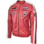 Mens Leather Biker Jacket Motorsport Logos Bobby Red 4