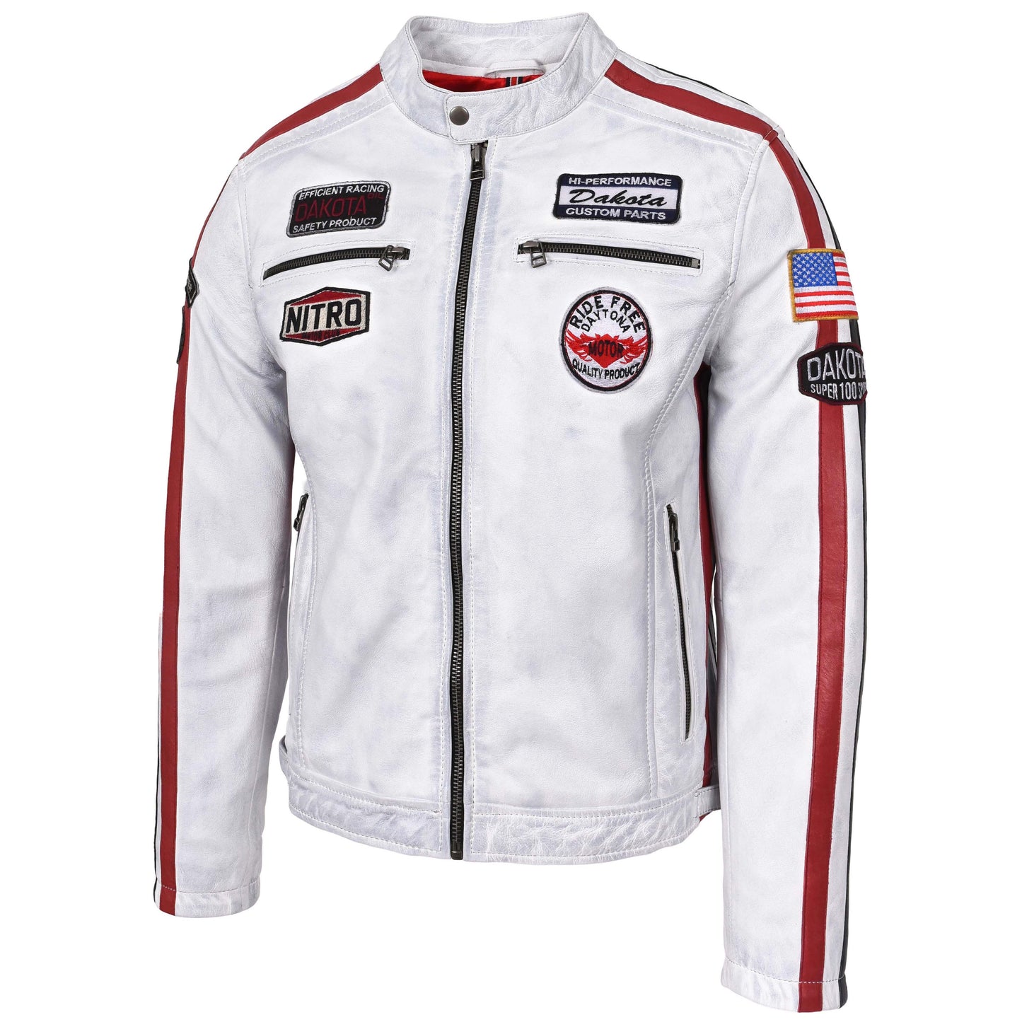 Mens Leather Biker Jacket Motorsport Logos Bobby Vintage White 4