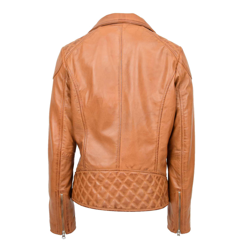 Womens Real Leather Biker Jacket Cross Zip Pockets Cherry Tan 2