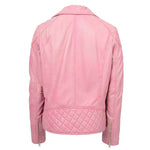 Womens Real Leather Biker Jacket Cross Zip Pockets Cherry Pink 2