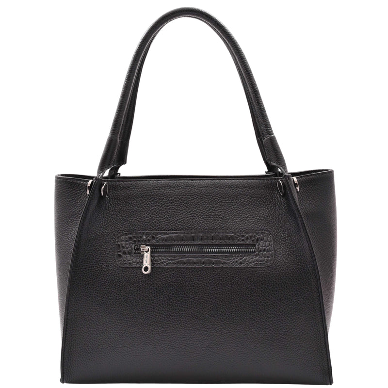Womens Multi Pockets Grained Leather Shoulder Bag Large Size Grace Black 2