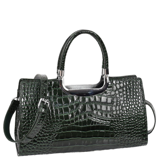 Womens Leather Croc Print Handbag Madeline Green-1