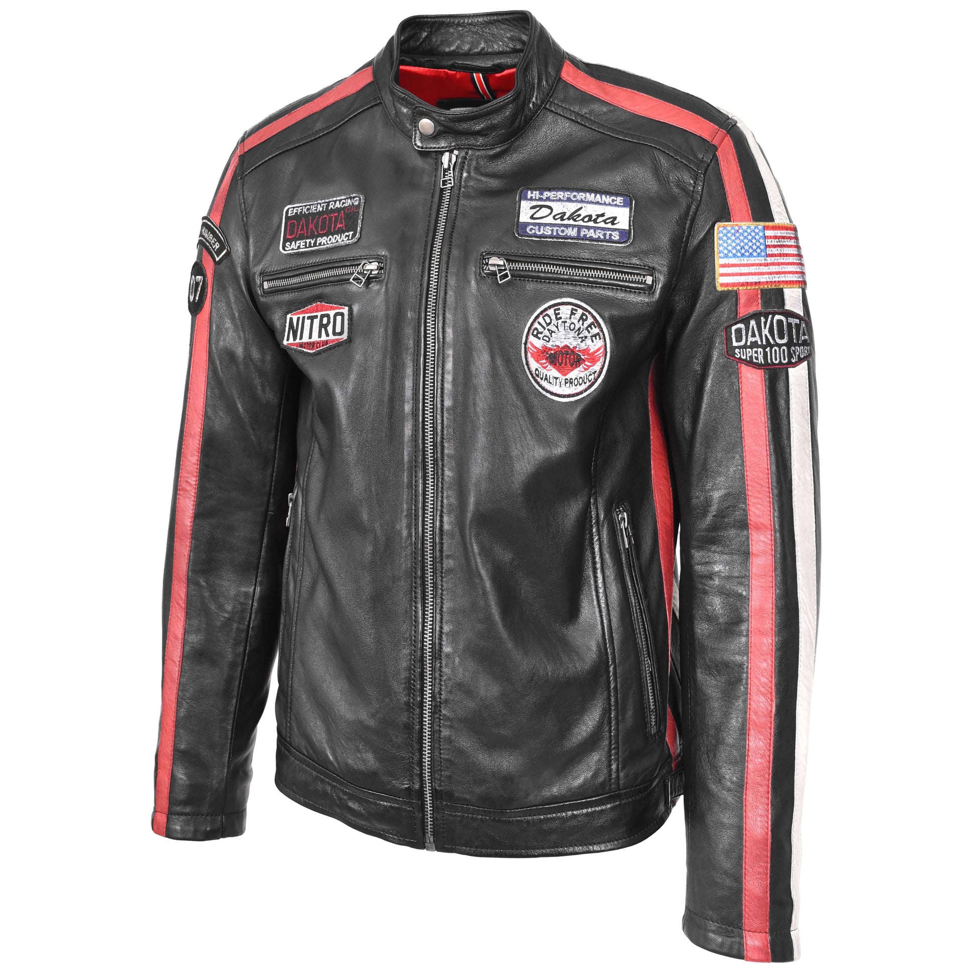 Mens Leather Biker Jacket Motorsport Logos Bobby Black 5