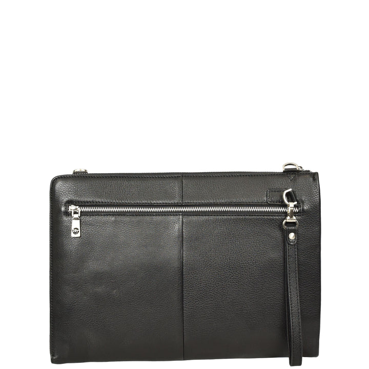 Real Leather Zip Around Folio Bag Underarm Documents Tablet Organiser Kylo Black