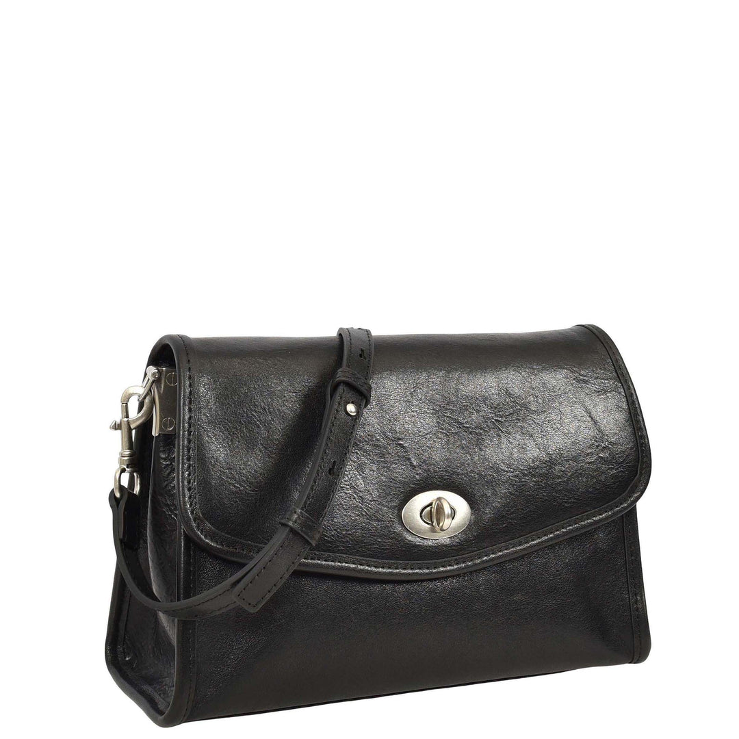 Women's Genuine Leather Flap-Over Crossbody Shoulder Bag with 2-in-1 Style Arden Black