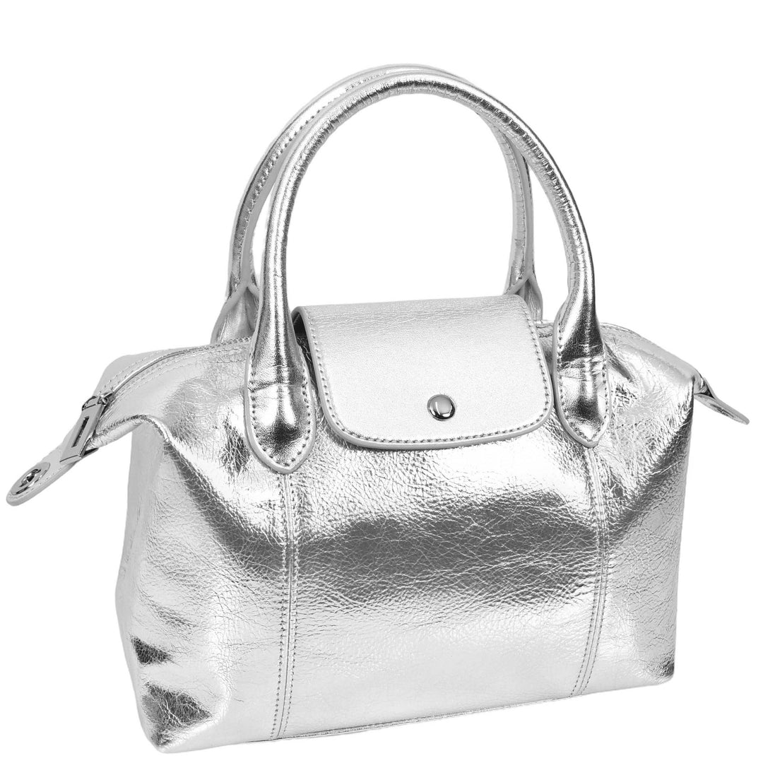 Womens Real Leather Handbag Small Top-Handle Tote Style Quinn Silver-3